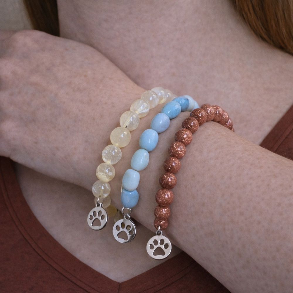 Set of 3 Beaded Stretch Bracelets Dog Paw Print Charms Amazonite Goldstone